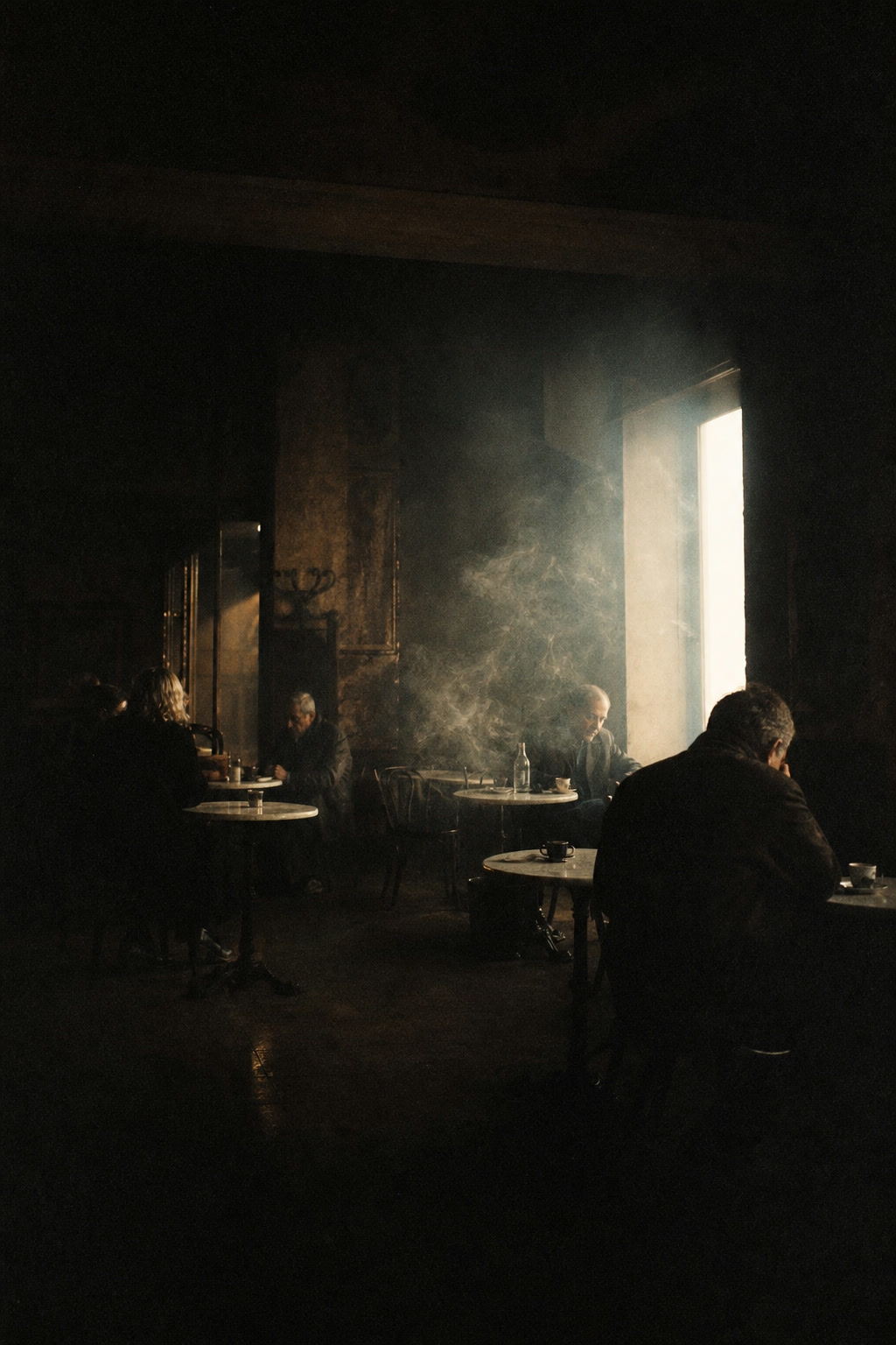 Smoky café interior lit by a bright window